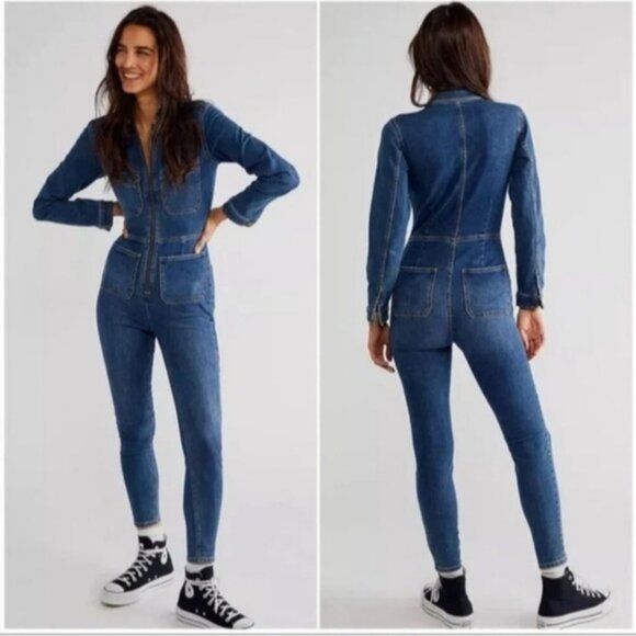 Free People Lennox Zip-Front Denim Jumpsuit XS Excellent Condition - Picture 3 of 16